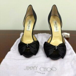 Jimmy Choo Black Satin with Big Bow & Rhinestones